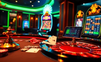 Engage in exciting online gaming at https://lode88.auction/ with a vibrant roulette table and glowing slot machine.