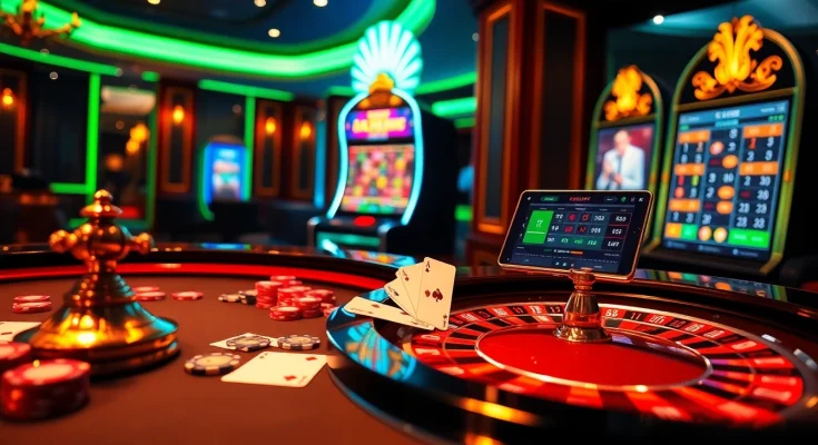 Engage in exciting online gaming at https://lode88.auction/ with a vibrant roulette table and glowing slot machine.