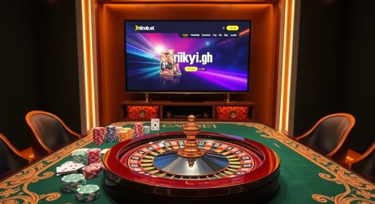 Exciting online gambling scene showcasing rikvip.gb.net with casino elements like poker chips and a roulette wheel.