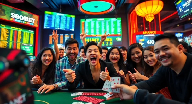 SBOBET.dance showcases an exciting online gambling scene with diverse players enjoying poker and sports betting.