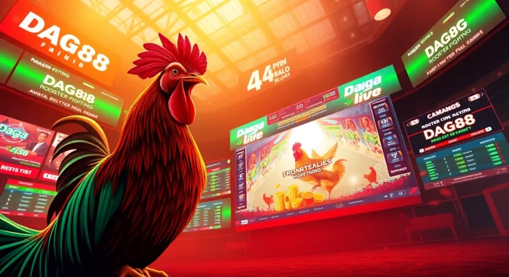 DAGA's live betting interface at dagawin.live with rooster fights and promotional banners.