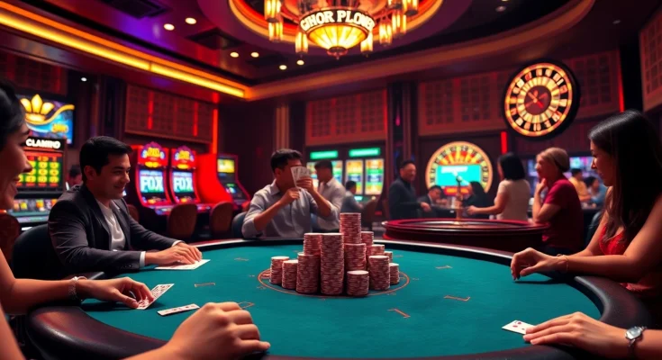 Players enjoying a thrilling game at win55win.live casino with vibrant slot machines and poker excitement.