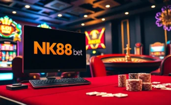 Engaging scene of NK88 bet with a roulette wheel, poker table, and vibrant slot machines in a luxurious casino setting.