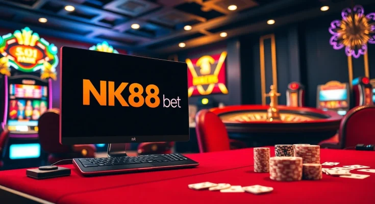 Engaging scene of NK88 bet with a roulette wheel, poker table, and vibrant slot machines in a luxurious casino setting.