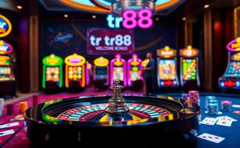 Experience the thrill of tr88 at a luxurious casino table with vibrant poker chips and a roulette wheel.