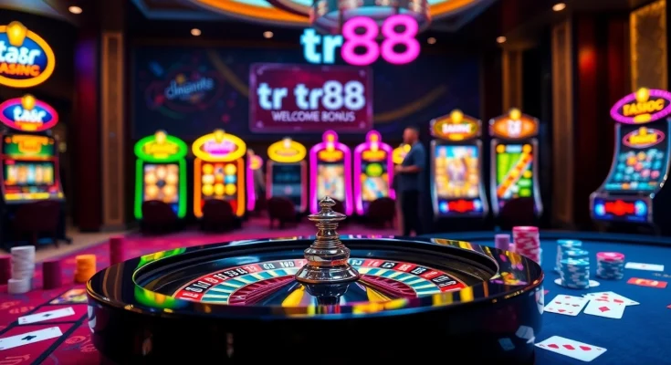 Experience the thrill of tr88 at a luxurious casino table with vibrant poker chips and a roulette wheel.