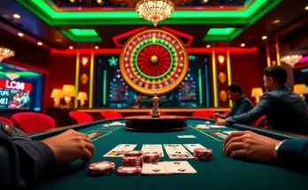 Engaging poker players at a luxurious table representing lc88 link with vibrant casino elements.