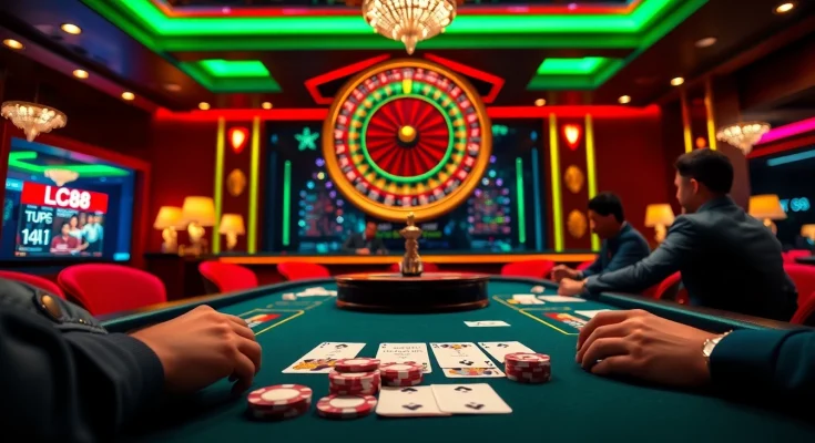 Engaging poker players at a luxurious table representing lc88 link with vibrant casino elements.