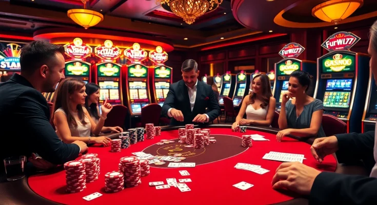 Players enjoying poker at a casino table, showcasing fun79's thrilling gambling experience.
