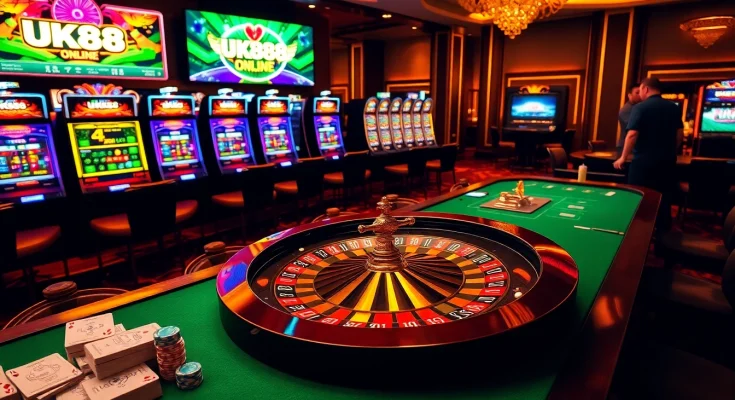 Experience thrilling gameplay at https://uk88.trading/ with vibrant casino tables and an exciting roulette wheel.