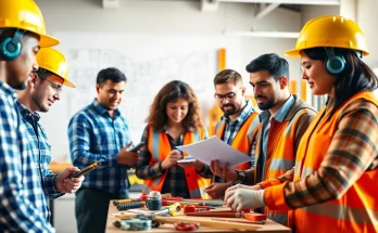 Participants engaged in construction training programs using tools in an energetic workshop setting.